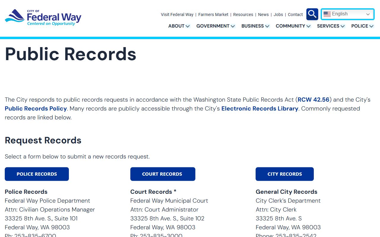 Federal Way city clerk Washington death records public records