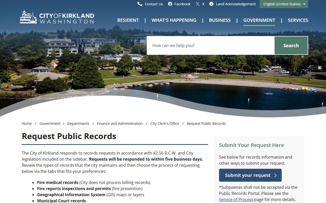 Kirkland city clerk public records request Washington