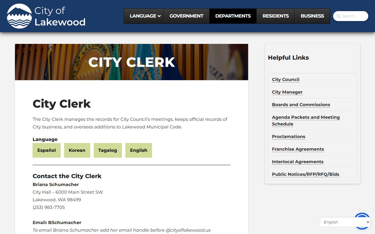Lakewood city clerk public records Washington