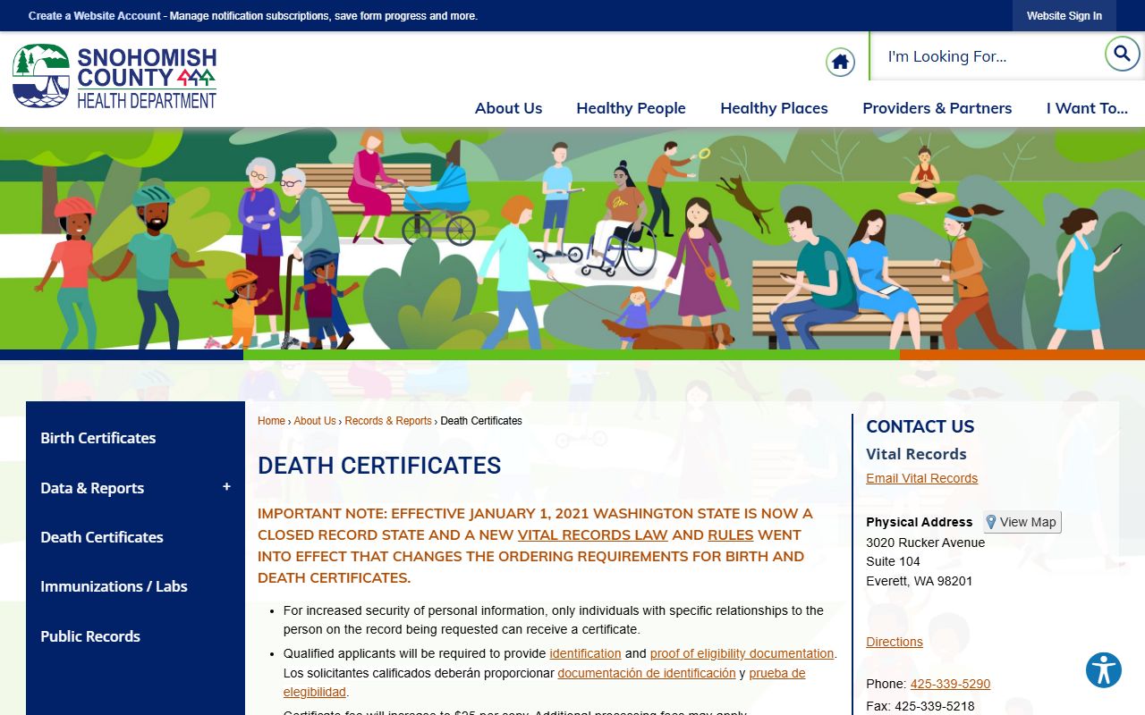 Lynnwood Washington death records Snohomish County Health Department