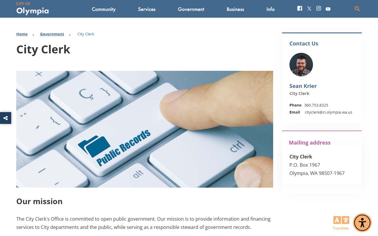 Olympia Washington city clerk public records death records