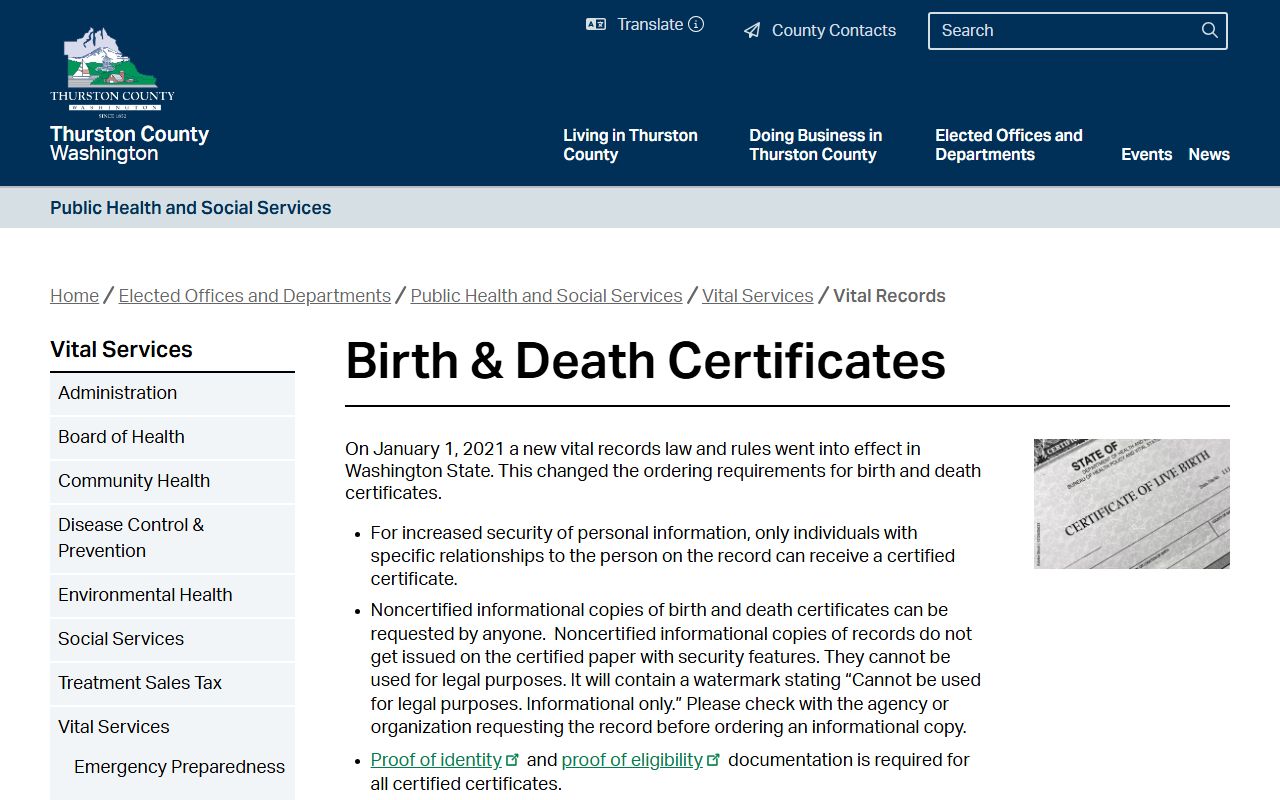 Olympia Thurston County vital records death certificates Washington
