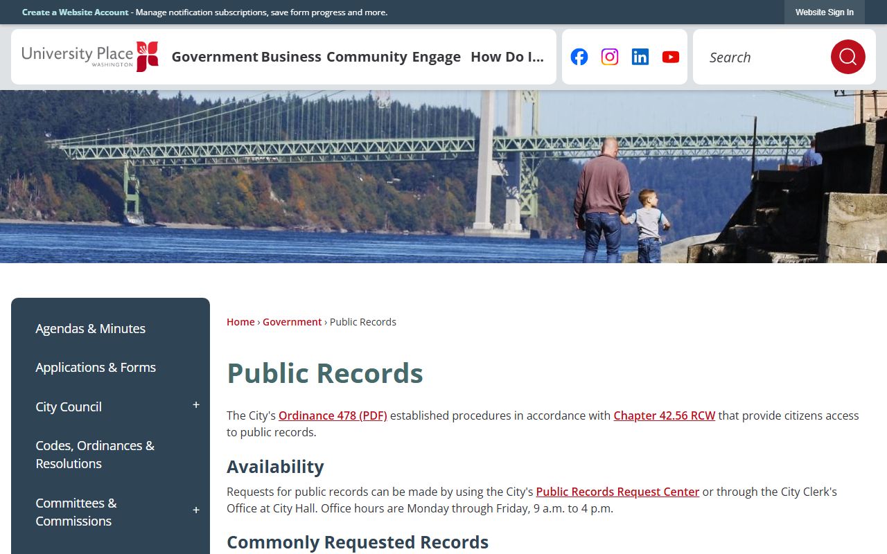 University Place city clerk public records portal
