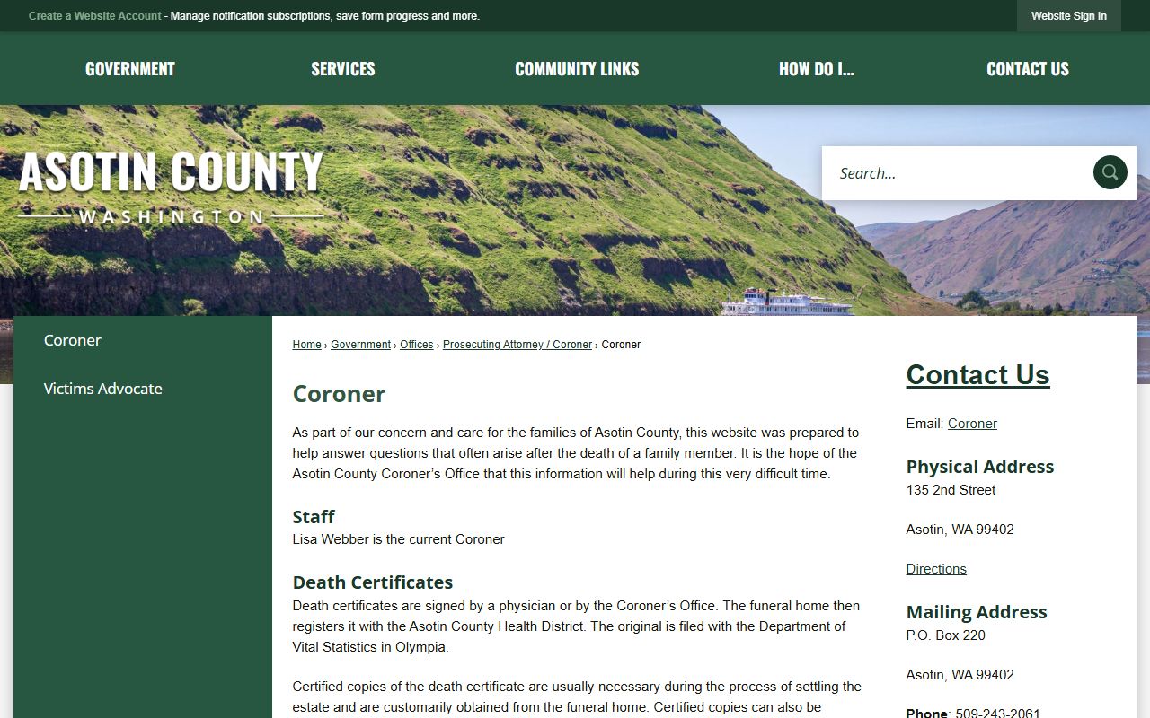 Asotin County Washington death records Asotin County Auditor coroner page