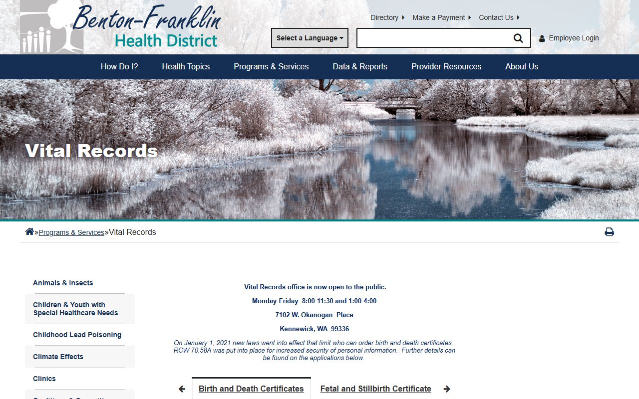 Benton County Washington death records Benton-Franklin Health District vital records page