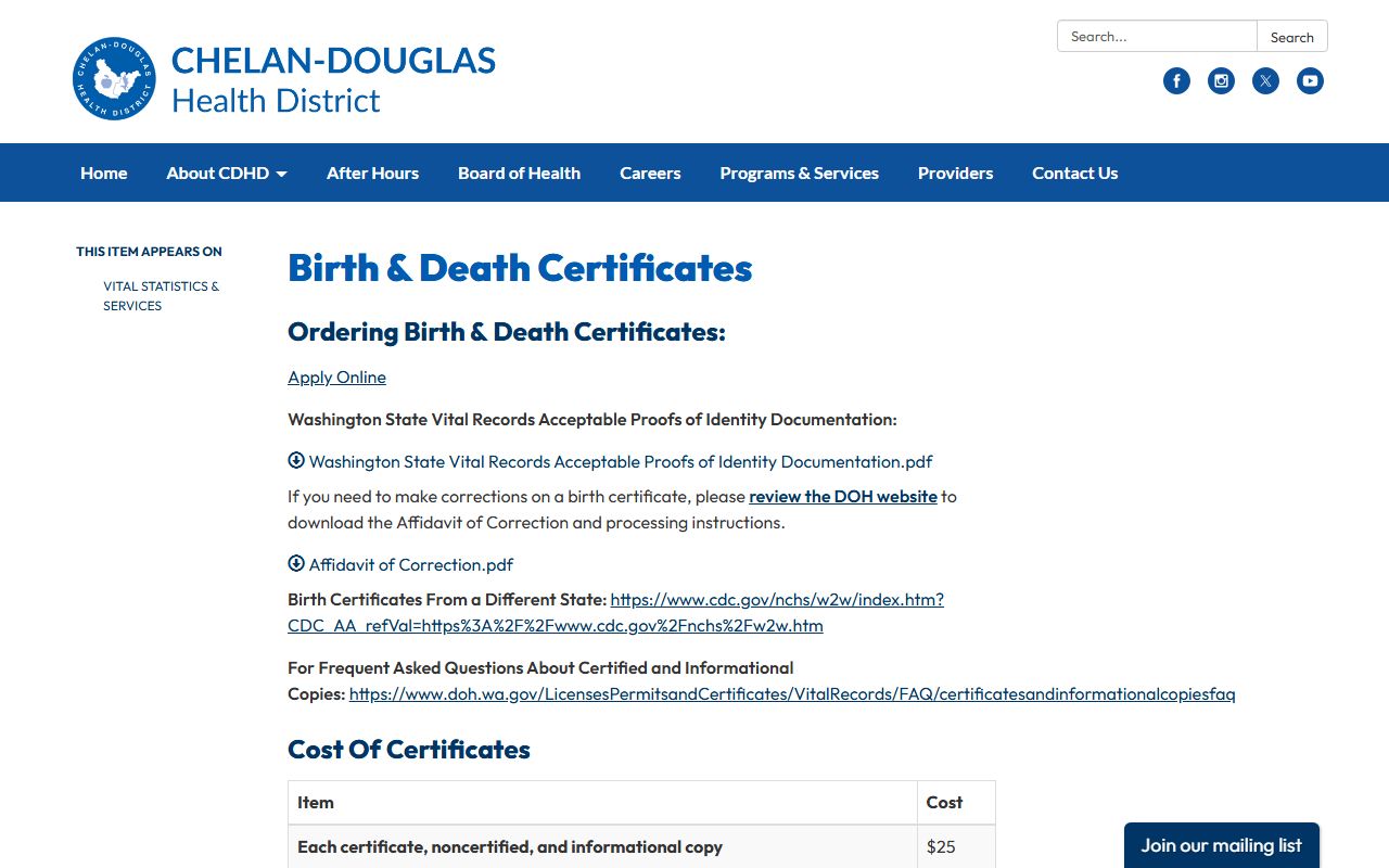 Chelan-Douglas Health District vital records office Washington