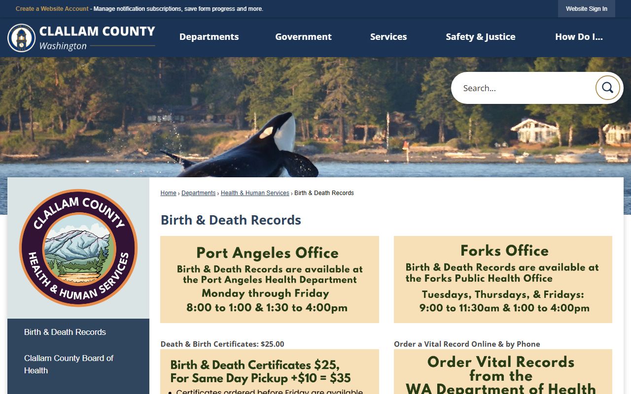 Clallam County Washington death records Clallam County Health and Human Services vital records page