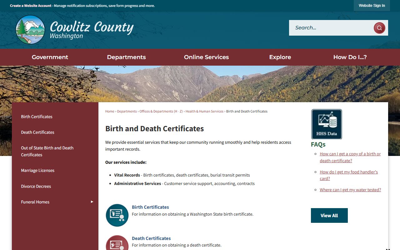 Cowlitz County Health and Human Services vital records Washington