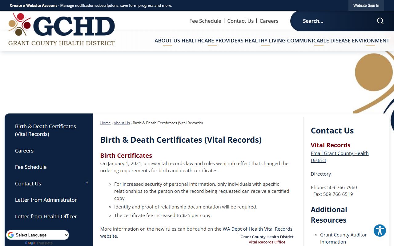 Grant County Health District vital records death certificates Washington