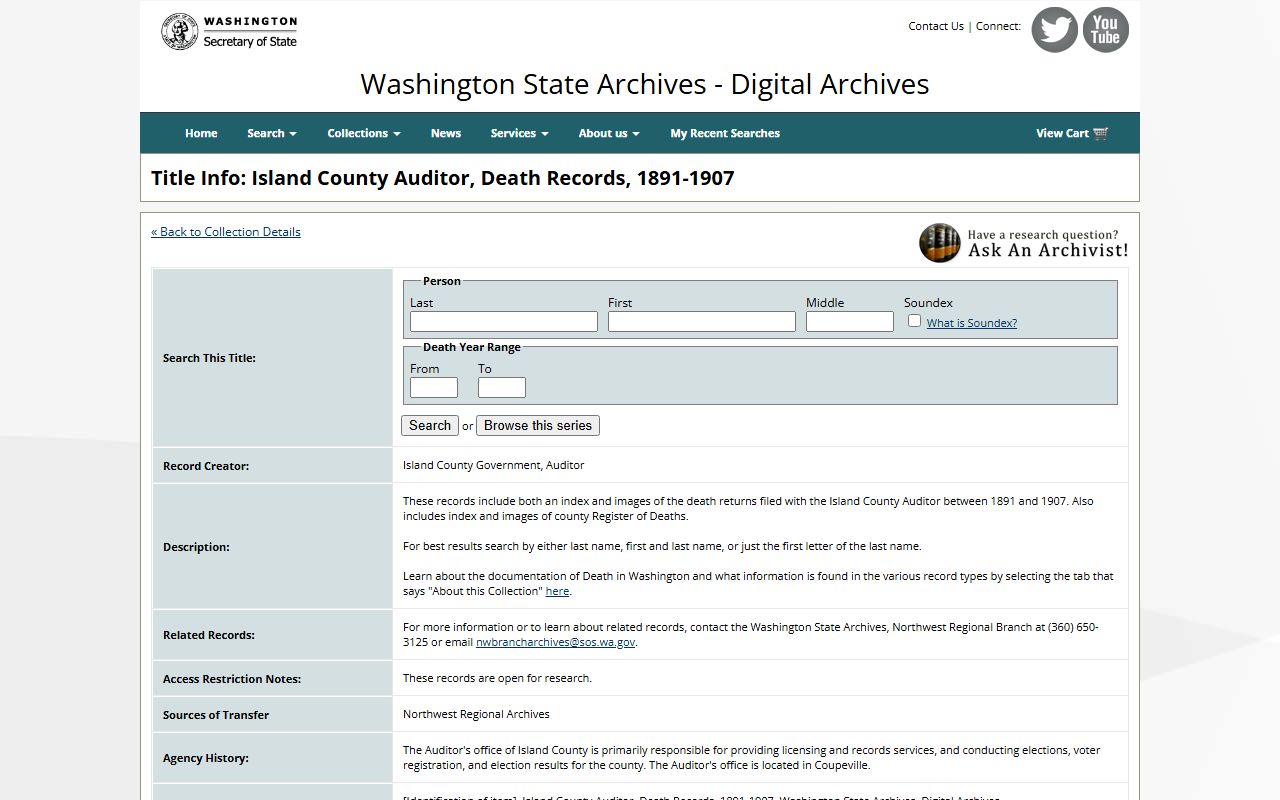 Island County Washington State Digital Archives death records historical