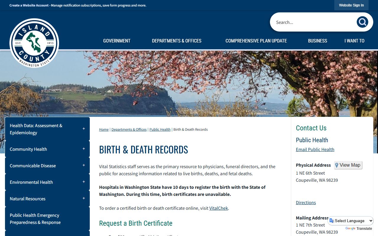 Island County Public Health vital records death certificates Coupeville Washington