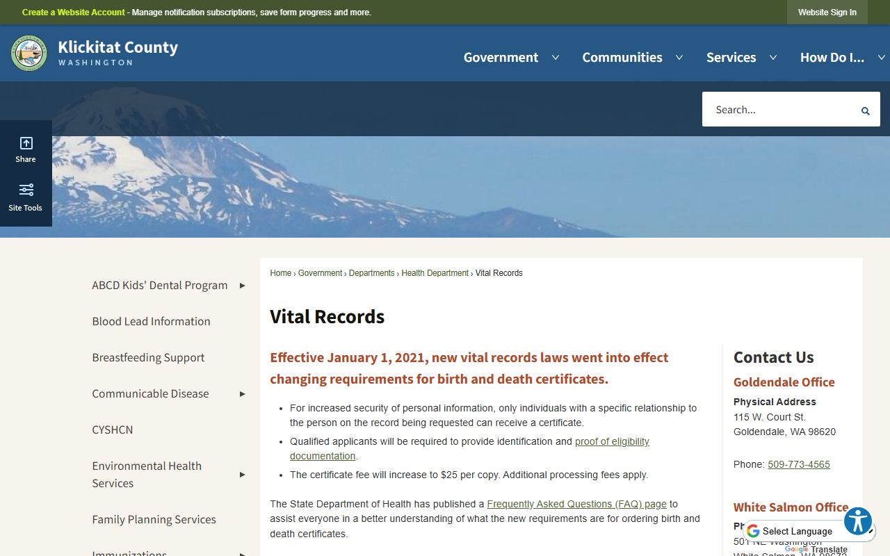 Klickitat County Health Department death records vital records