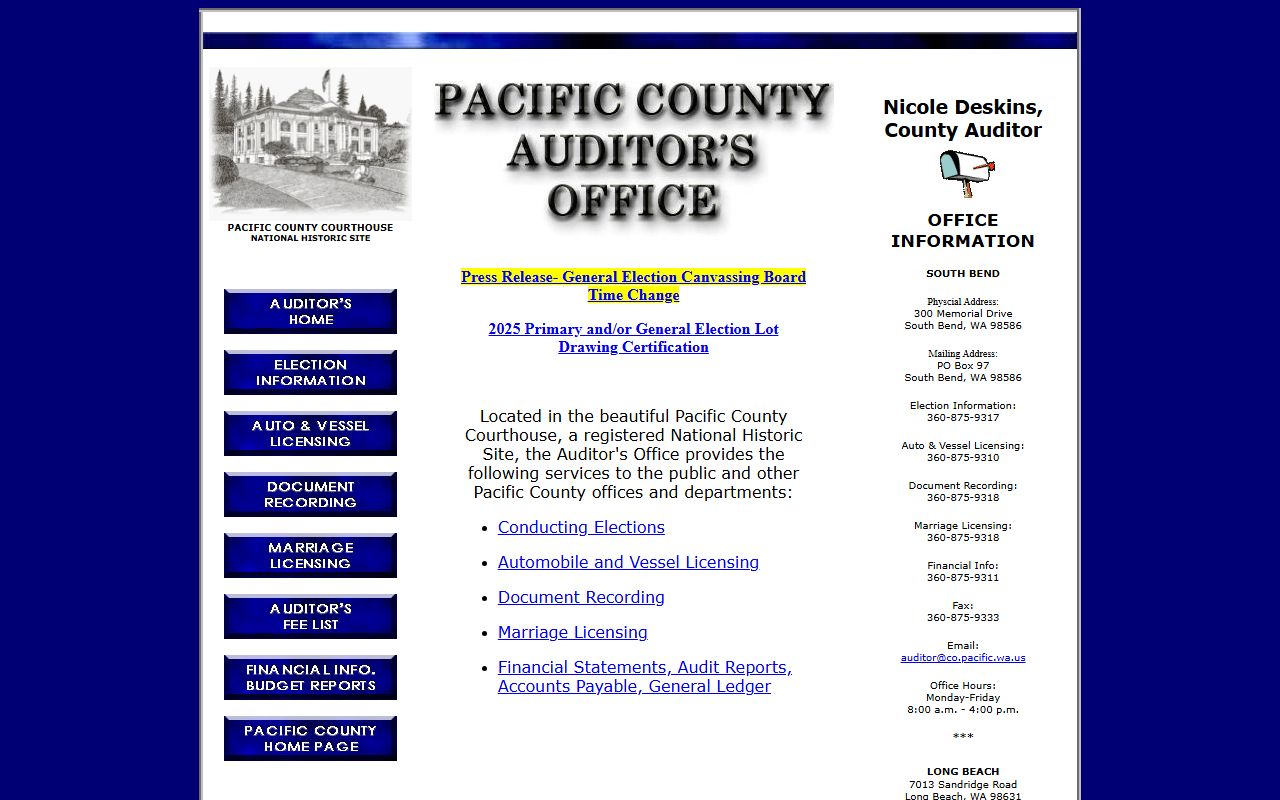 Pacific County Auditor Washington death records historical