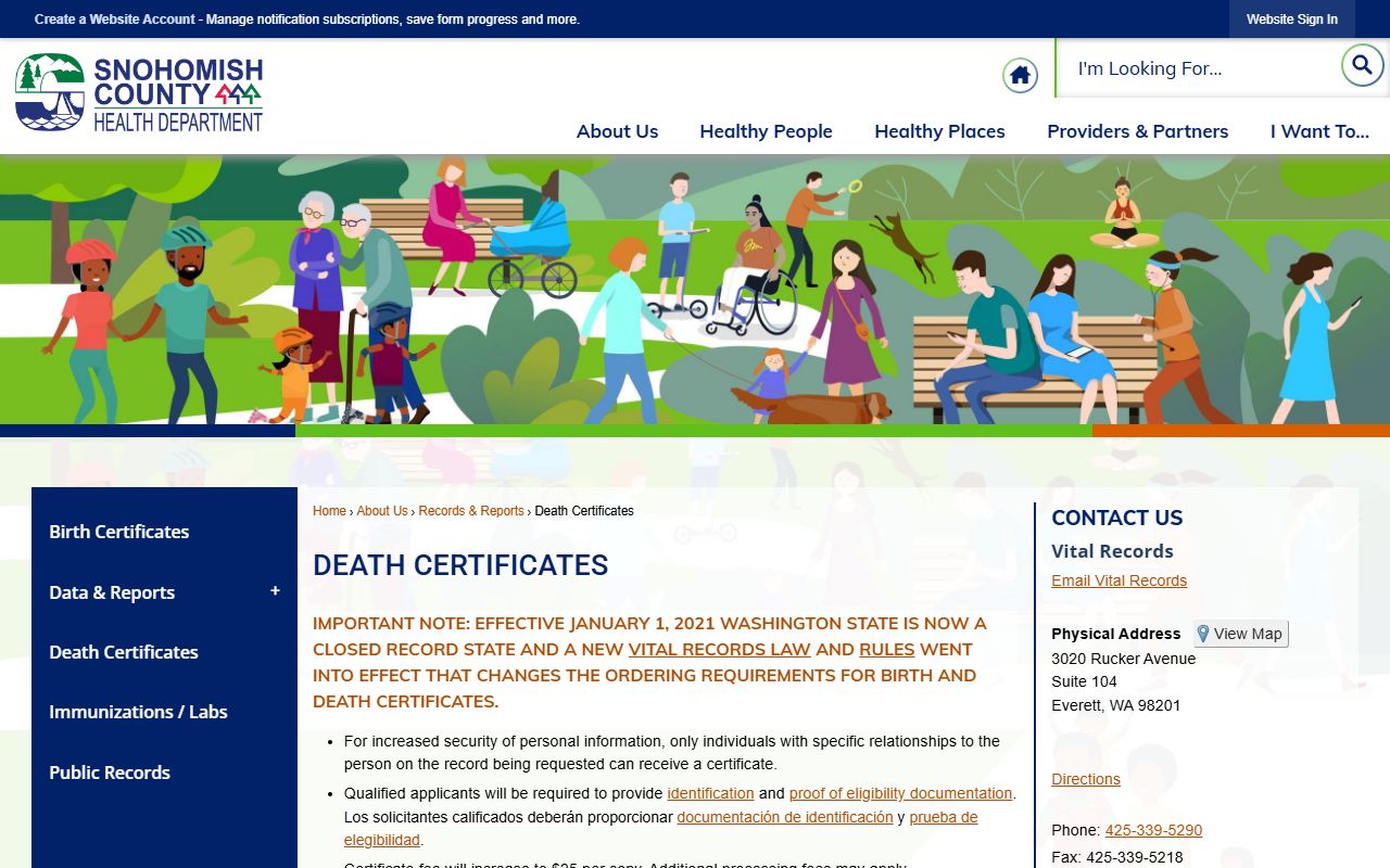 Snohomish County Health Department death records page in Everett Washington