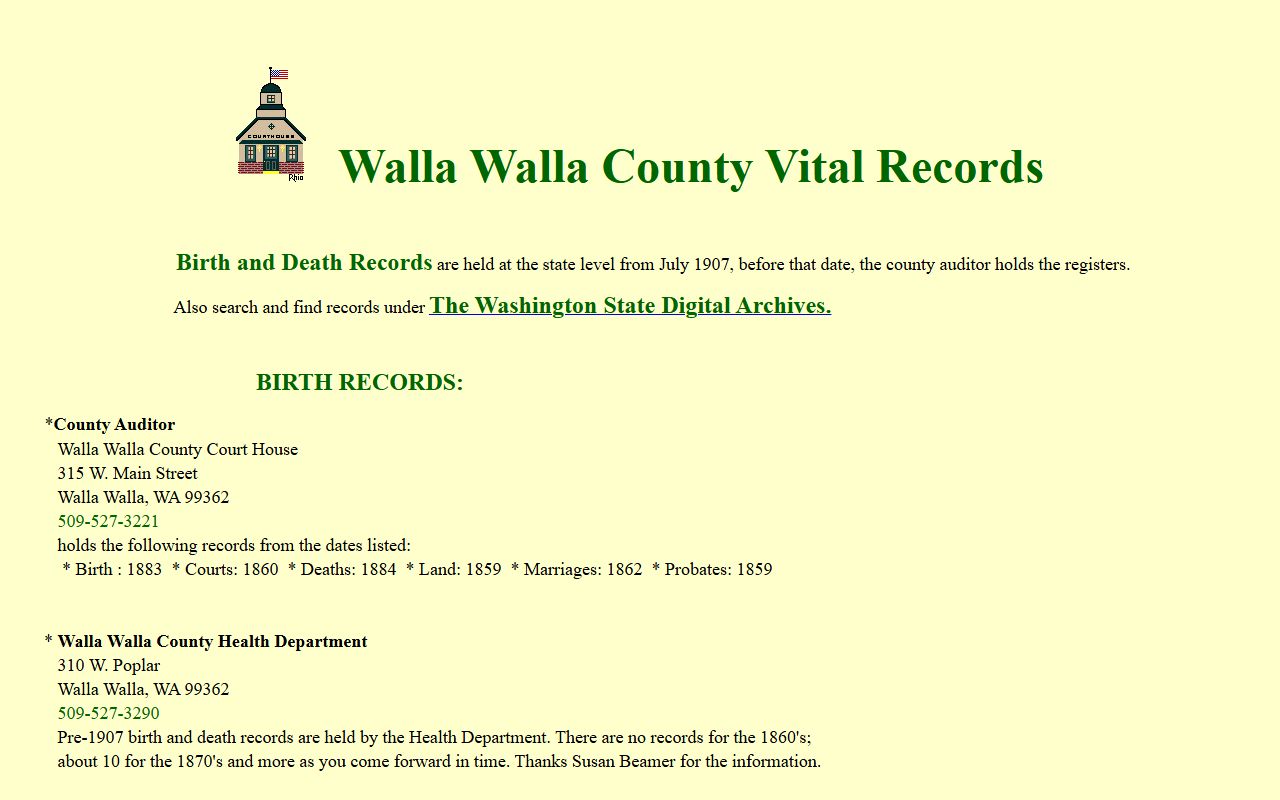 Walla Walla County auditor death records historical Washington