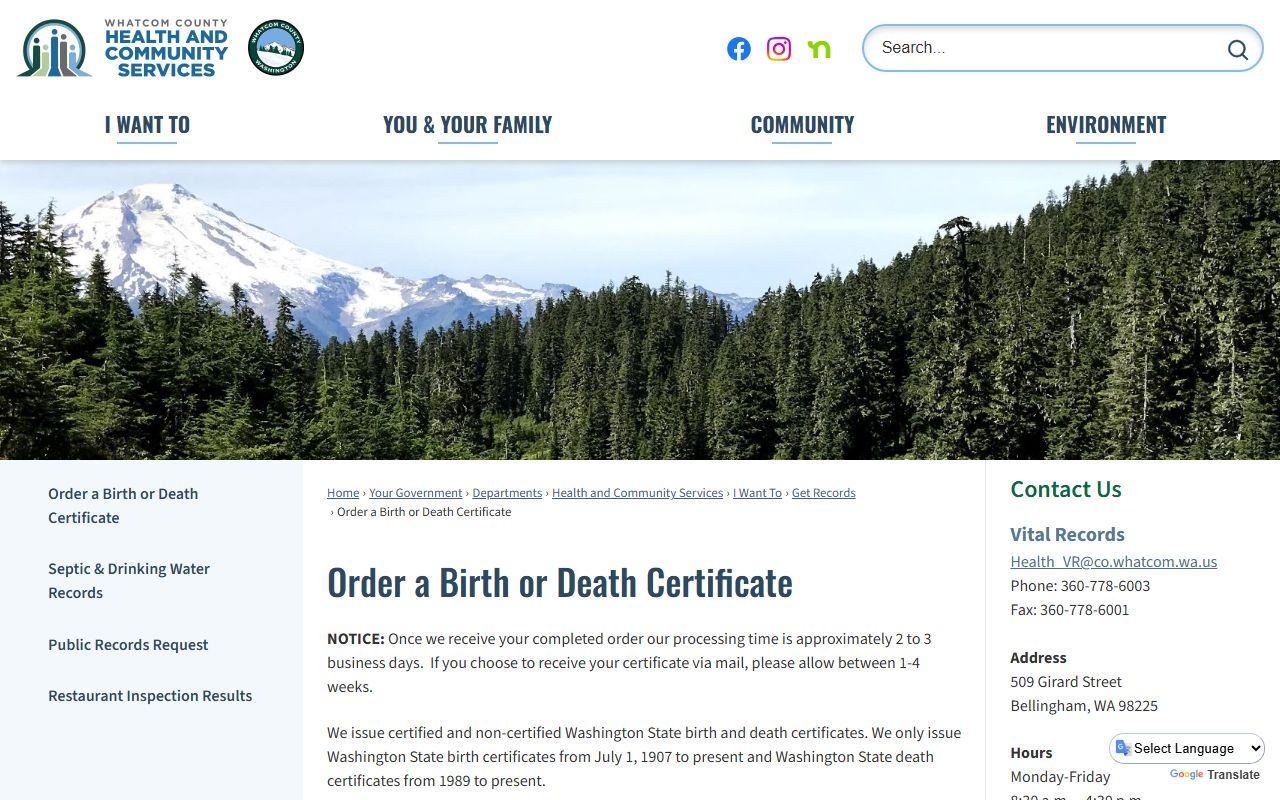 Whatcom County Health death records Bellingham Washington