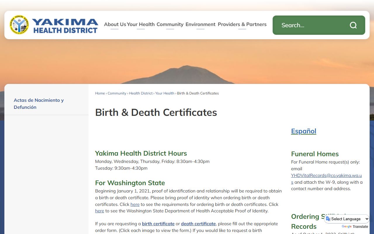 Yakima Health District vital statistics office for Yakima death records