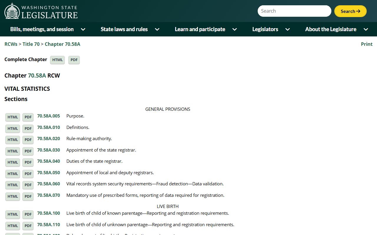 RCW 70.58A Washington vital statistics law governing death records access