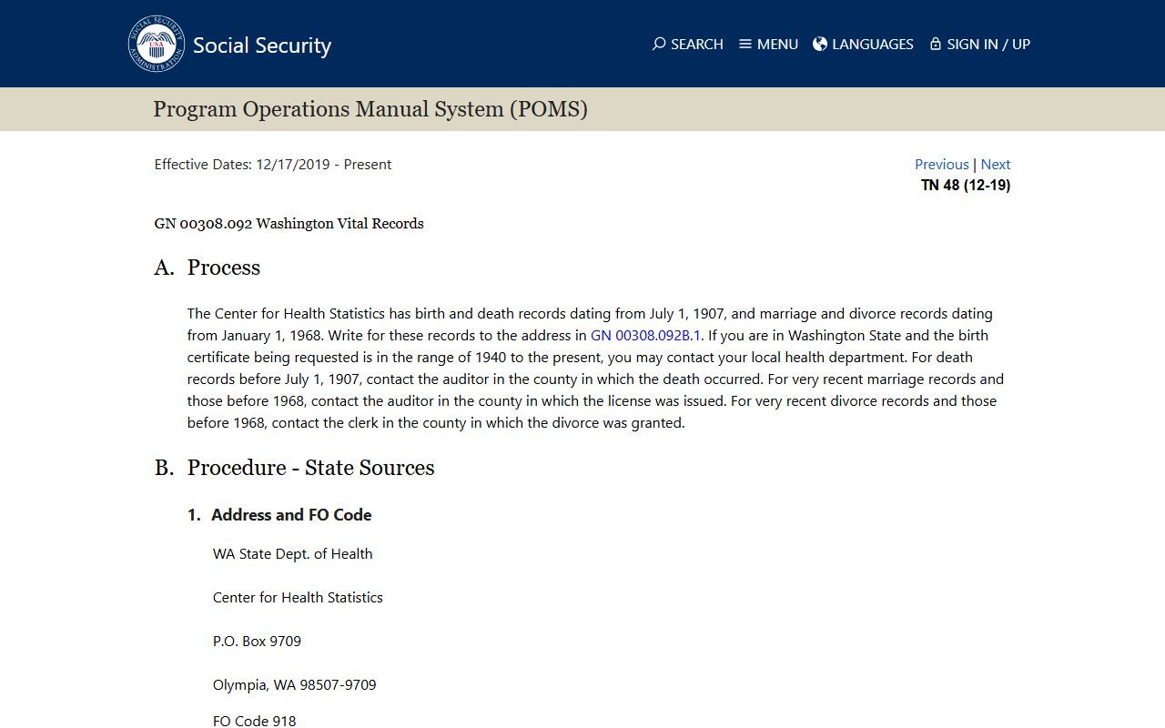 SSA POMS documentation for Washington vital records verification