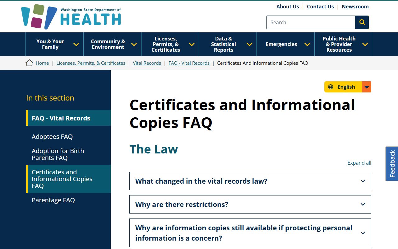 Washington DOH FAQ page for death certificate eligibility and documentation