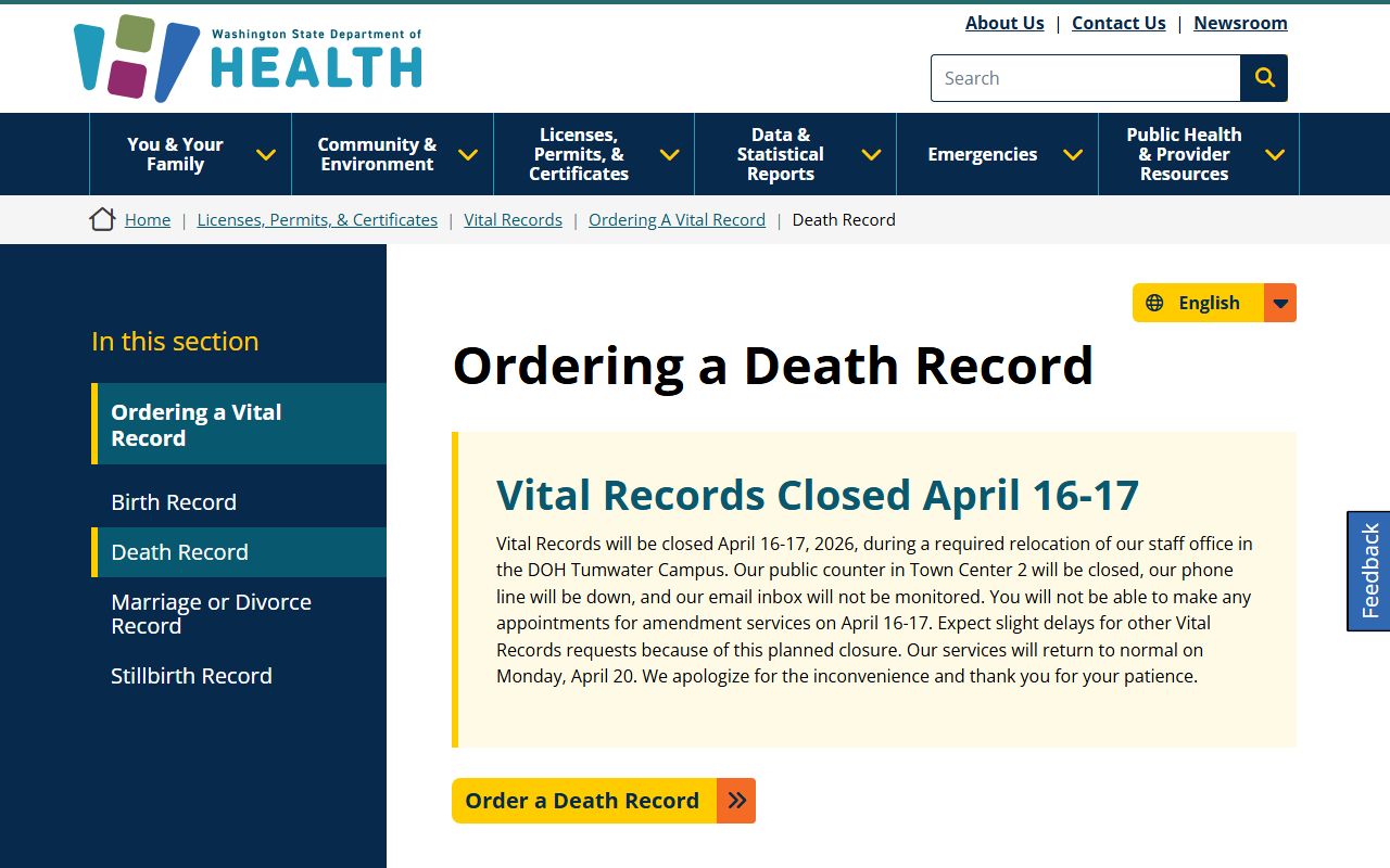 Washington DOH death certificate ordering instructions page