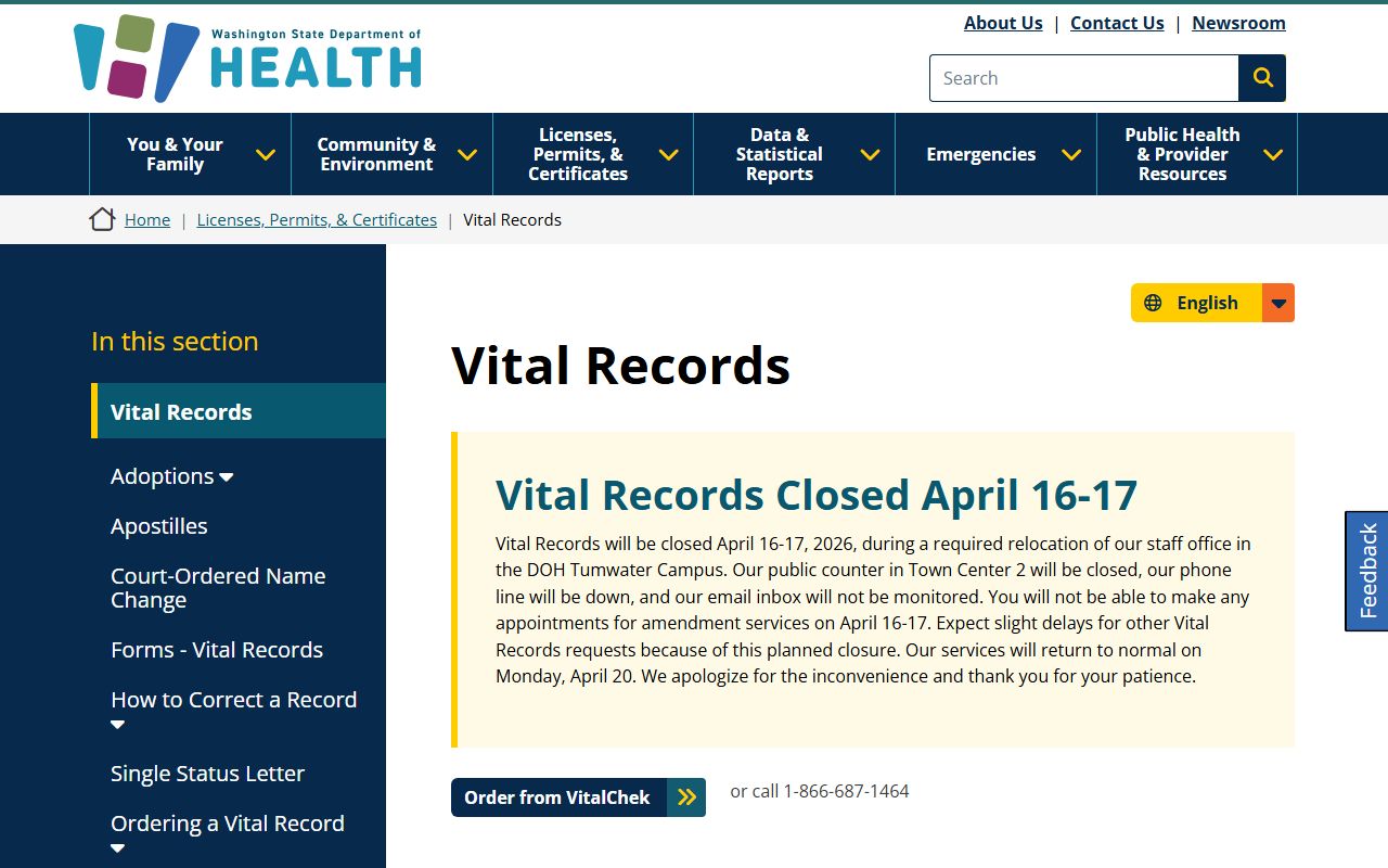 Washington State Department of Health vital records page for death certificates