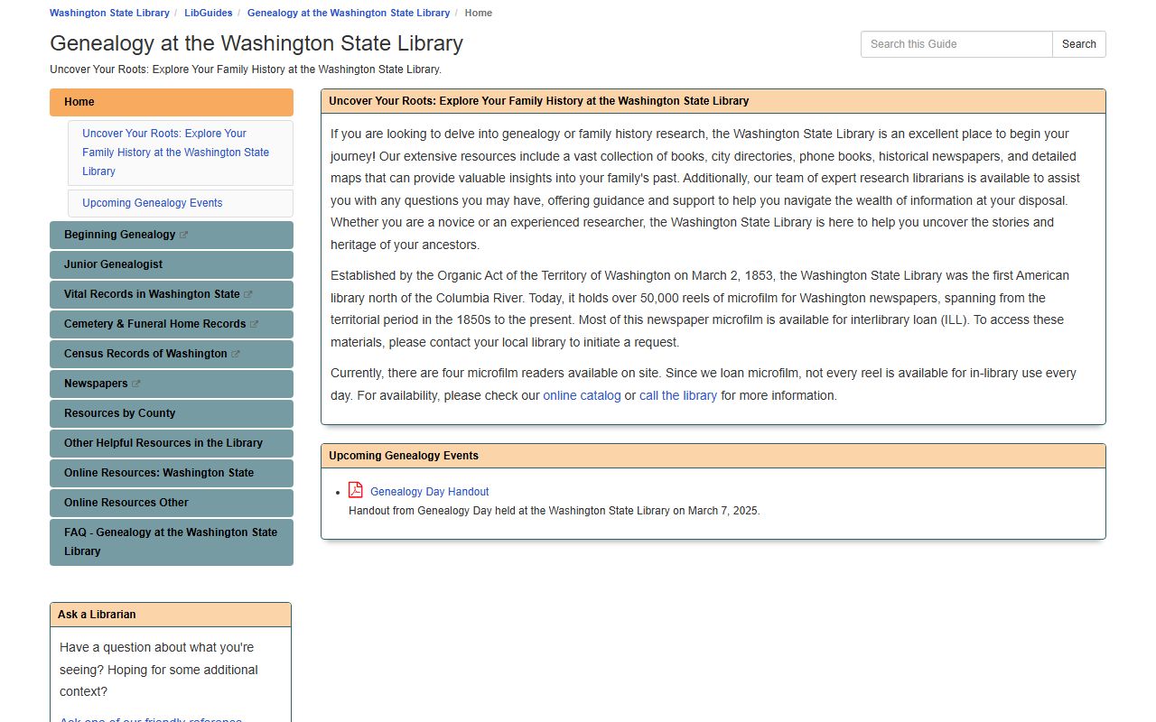 Washington State Library genealogy resources including death index microfilm